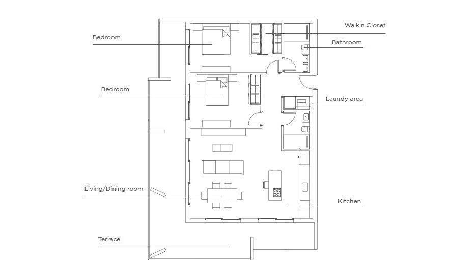 Plano de apartamento tipo D Jardines de Bellas Artes