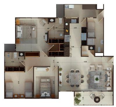 Plano del apartamento Tipo A 124 m2 del proyecto Avenida Jacobo Majluta