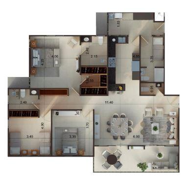 Plano del primer piso del apartamento Tipo A Plus de 148 m2 del proyecto Avenida Jacobo Majluta