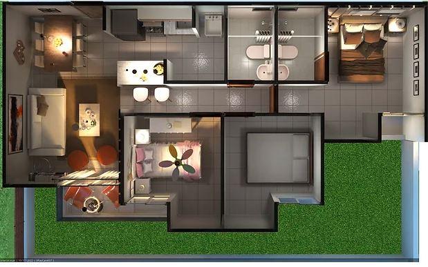 Plano 3D del apartamento Tipo A de Arrecifes del sol, un proyecto que aplica para Bono Primera Vivienda