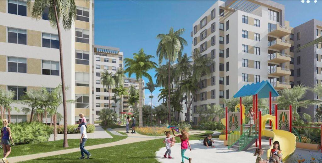 Torres Alvento, proyecto de apartamentos, área infantil y senderos para caminar rodeados de palmeras