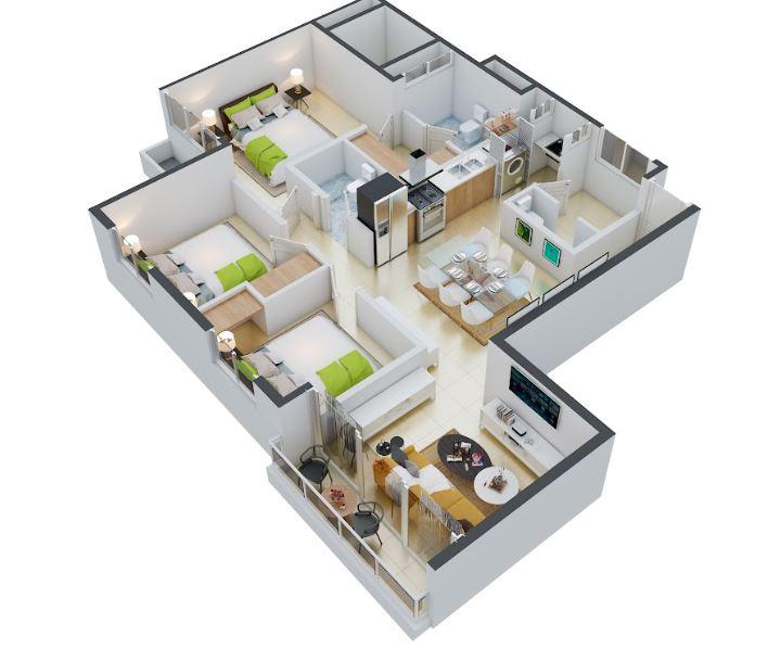 Plano en 3D del apartamento Tipo B de la torre Altos de Aqua
