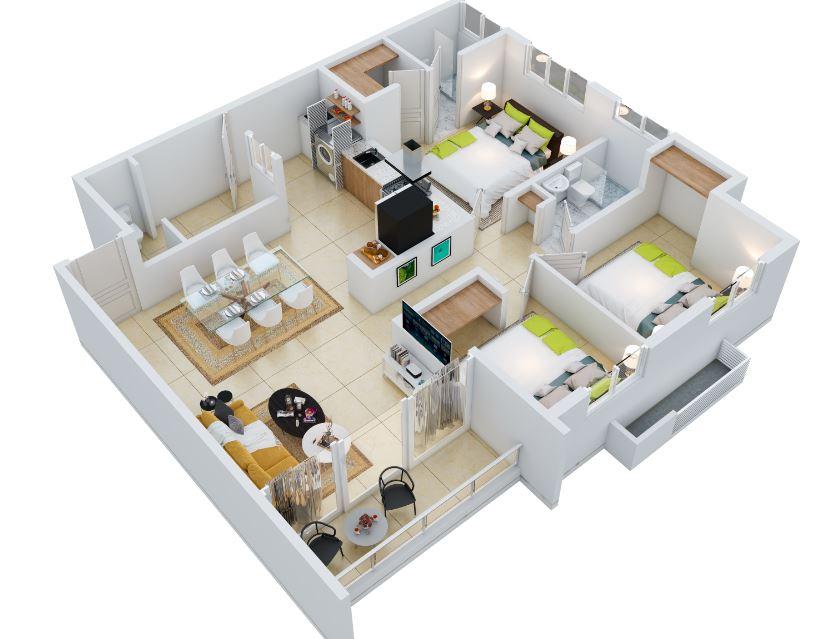 Plano en 3D del apartamento TIpo A de la torre Altos de Aqua