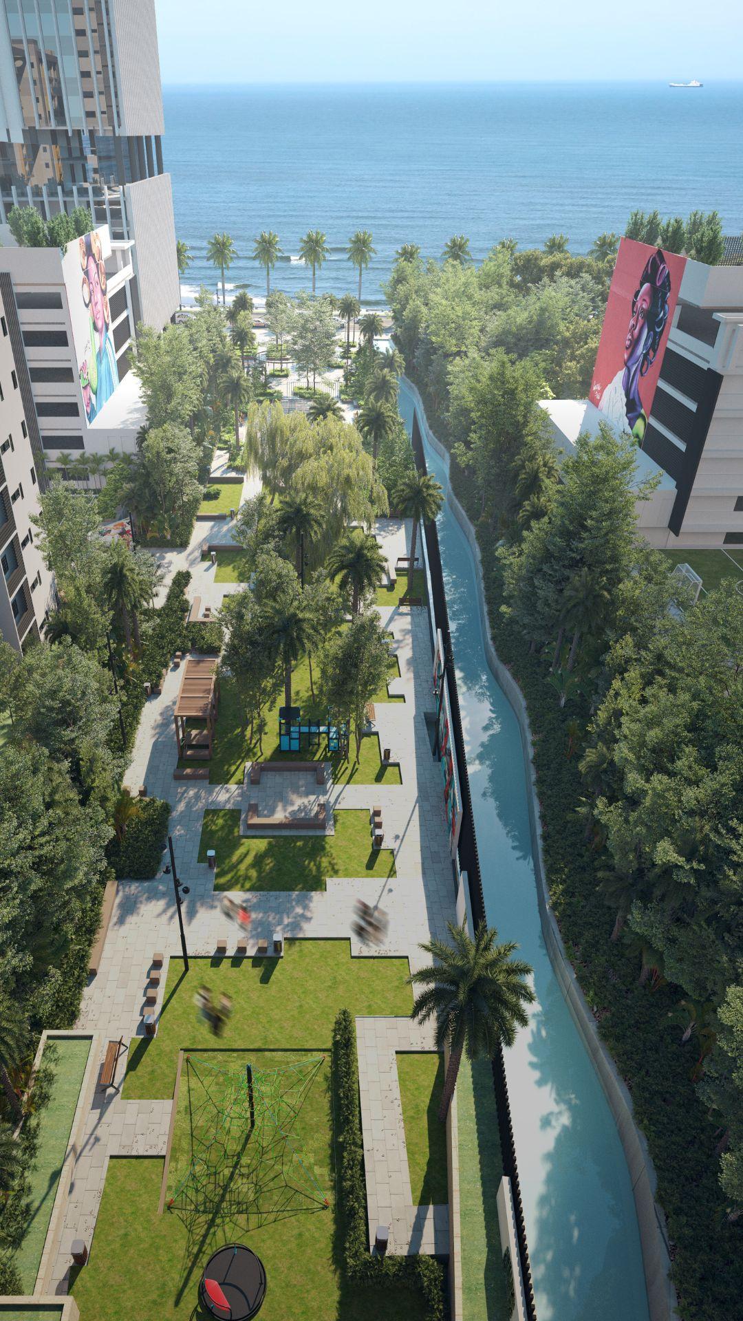 Vista de Drone del parque Murales en Santo Domingo condos for sale