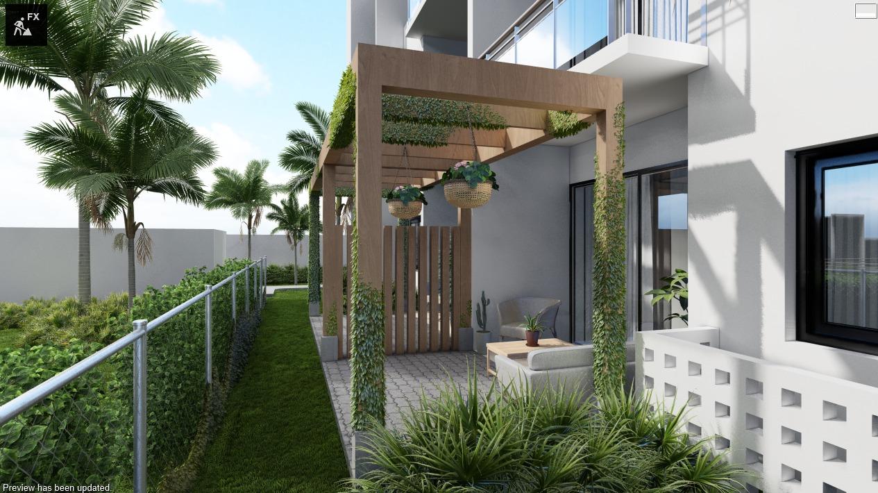 Vista pergolado y jardín del primer nivel del proyecto Murales con apartamentos en venta en Gazcue Santo Domingo