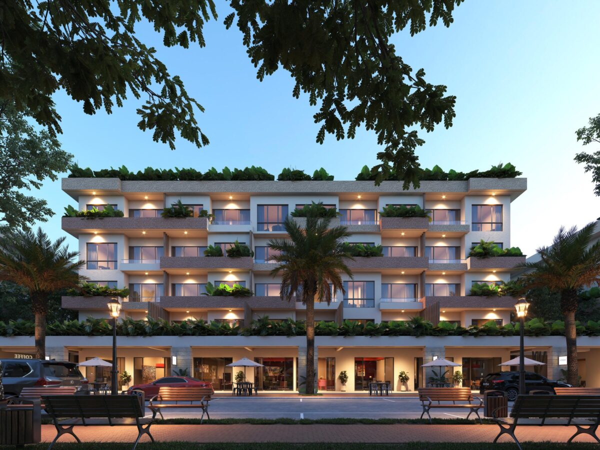 Fachada nocturna de edificio del proyecto City Place Punta Cana