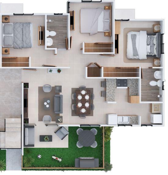 Plano en 3D del apartamento en primer piso Tipo A del Residencial Brisas de Las Colinas 5