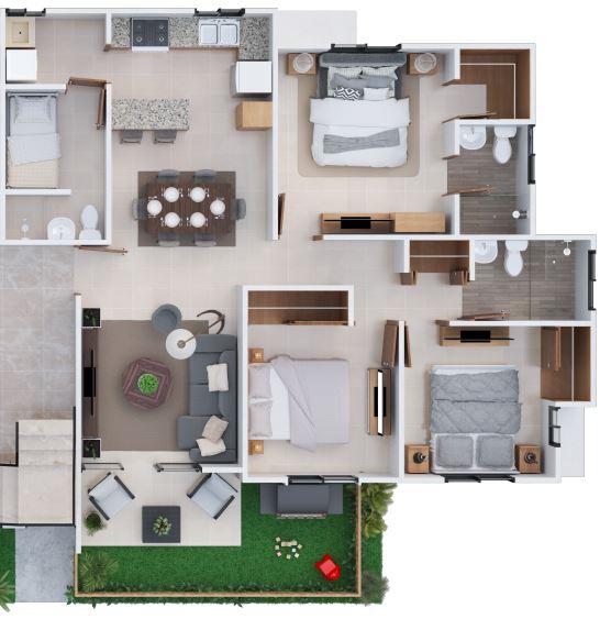 Plano en 3D de distribución del apartamento Tipo B, primer piso, en Brisas de Las Colinas 5