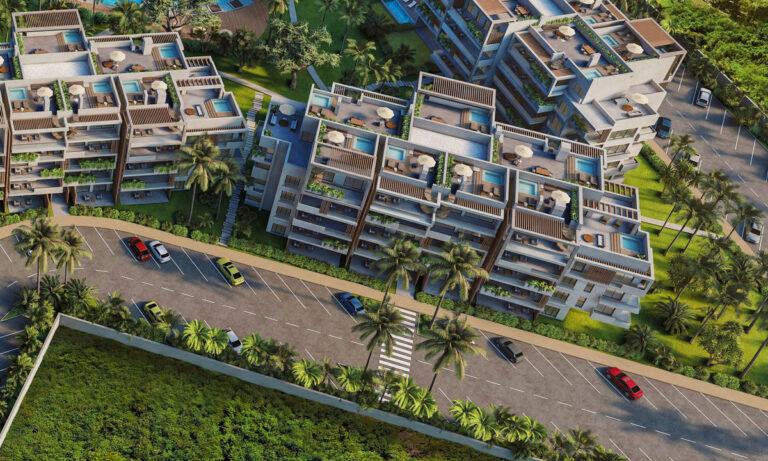 Vista de las terrazas de los bloques de apartamentos The Seed Punta Cana