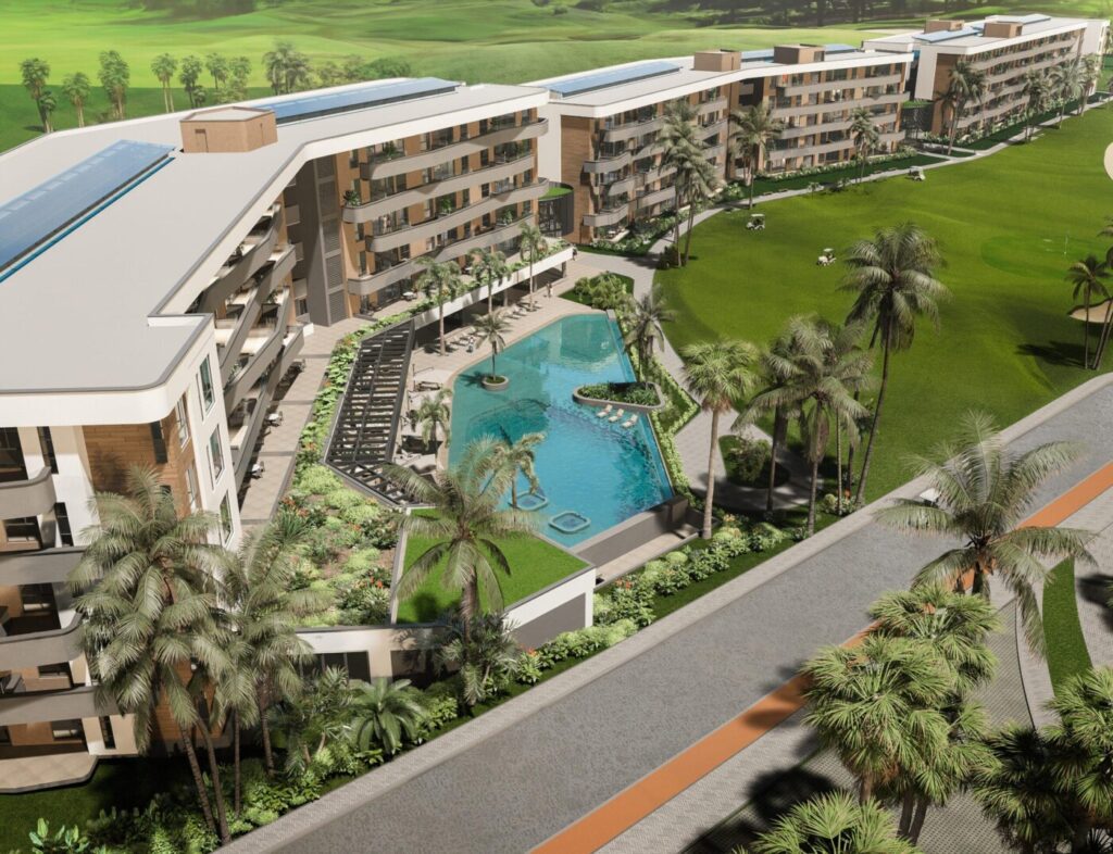 Render con vista de pájaro de Palm View Punta Cana, junto al lago del Coral Golf Resort
