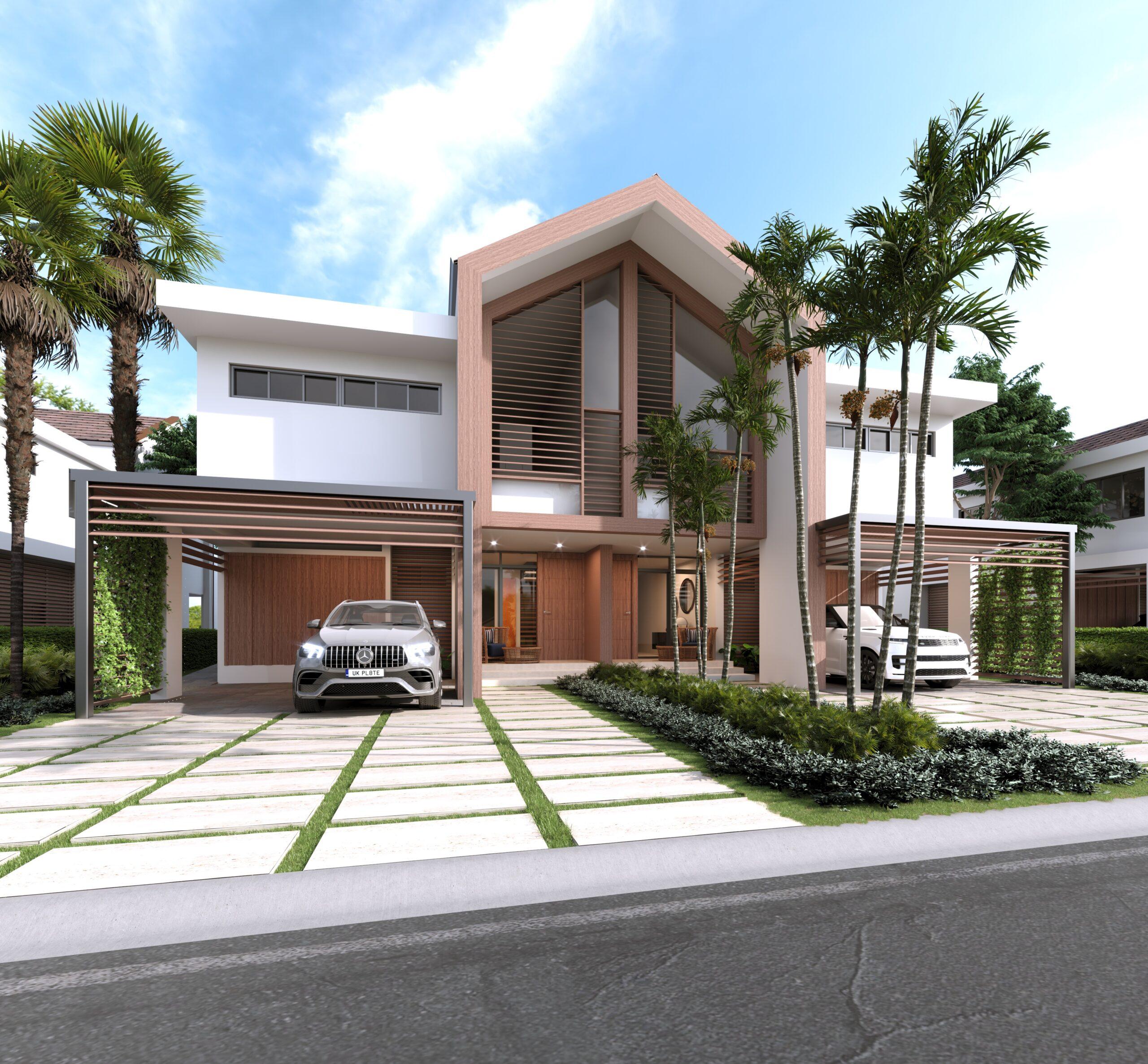 Fachada de las villas tipo townhouses del proyecto Morada Ambar villas en Cocotal Golf and Country Club