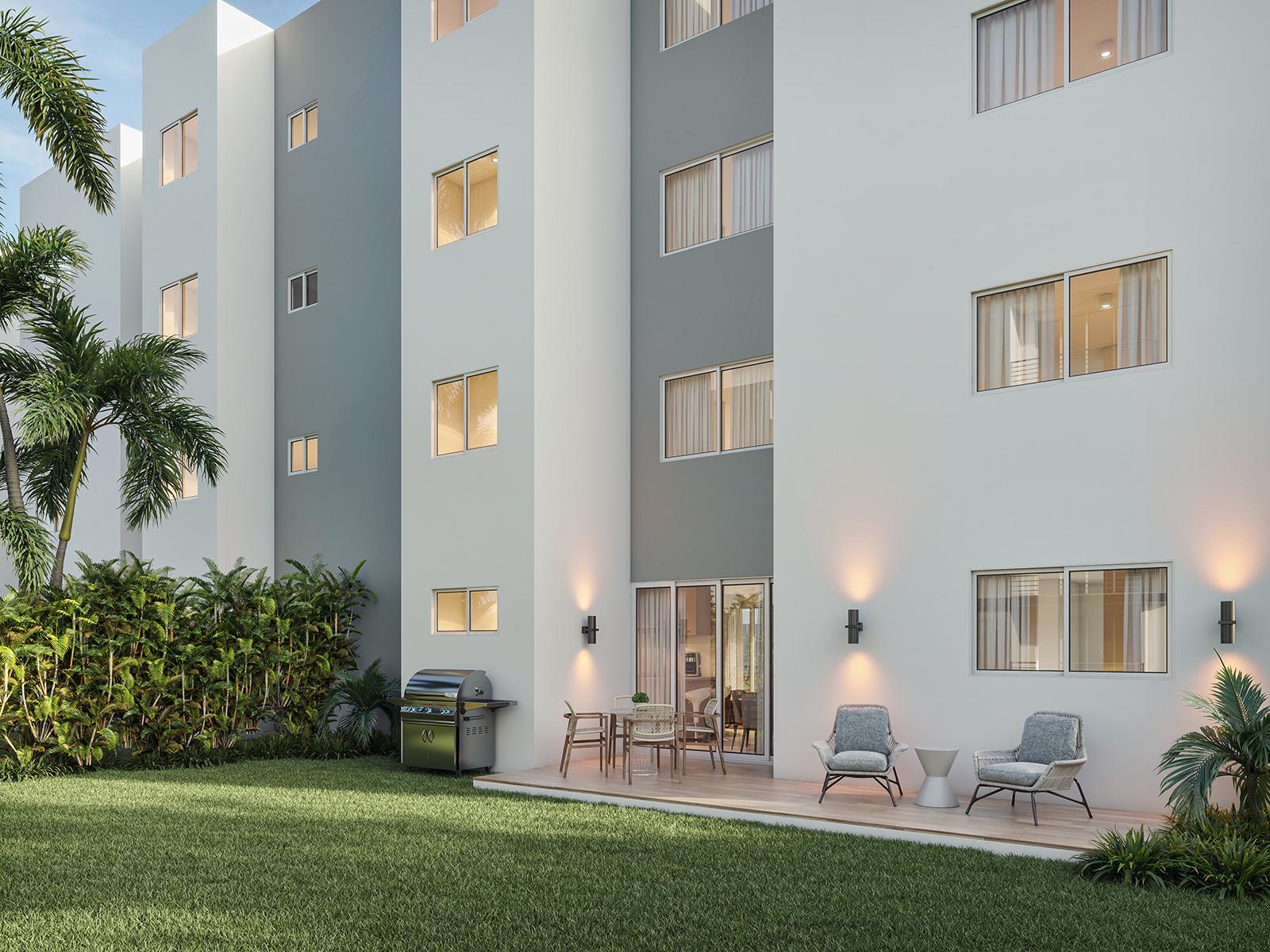 Patio privado de un apartamento del 1.er piso de Palmas de Santo Domingo Norte