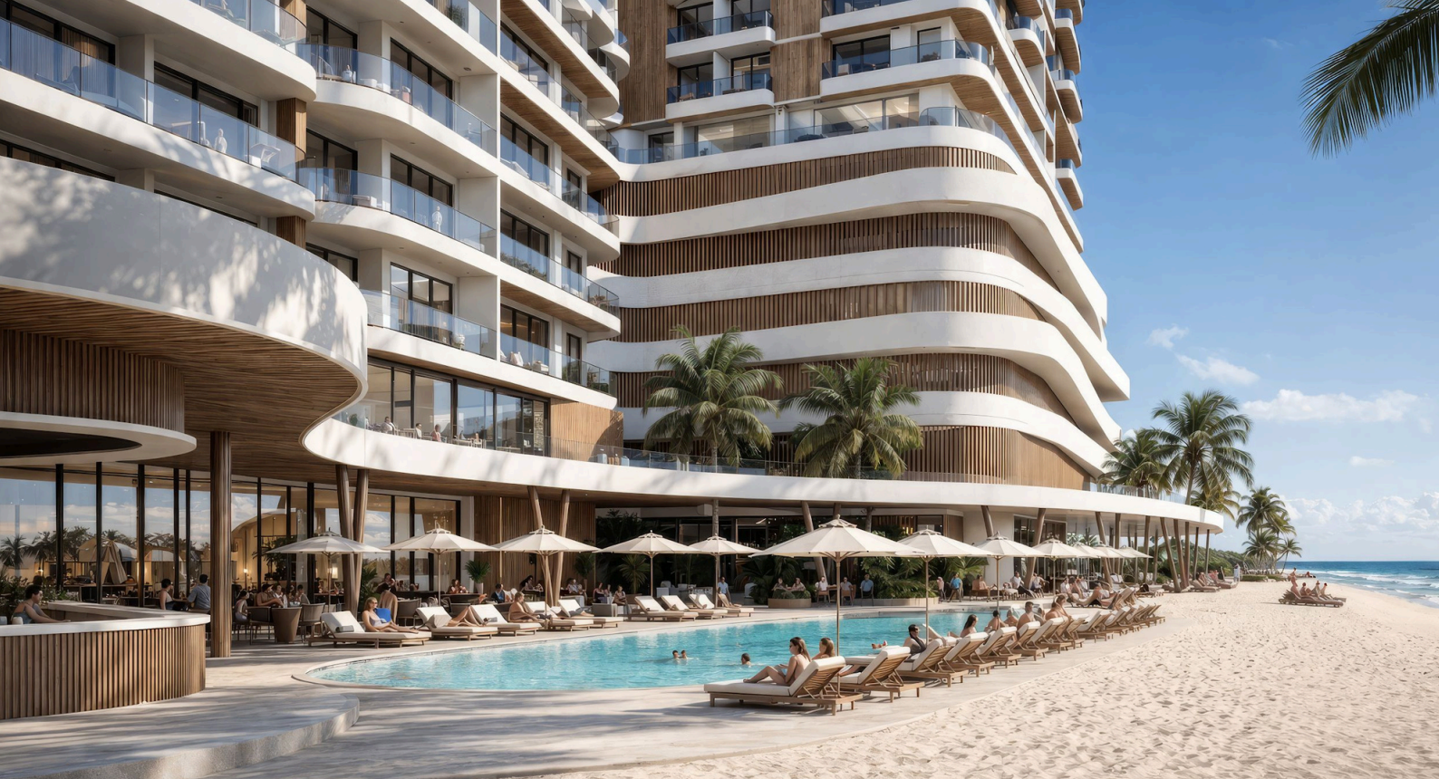 Área de piscina y playa de Prime Beach Residences Juan Dolio