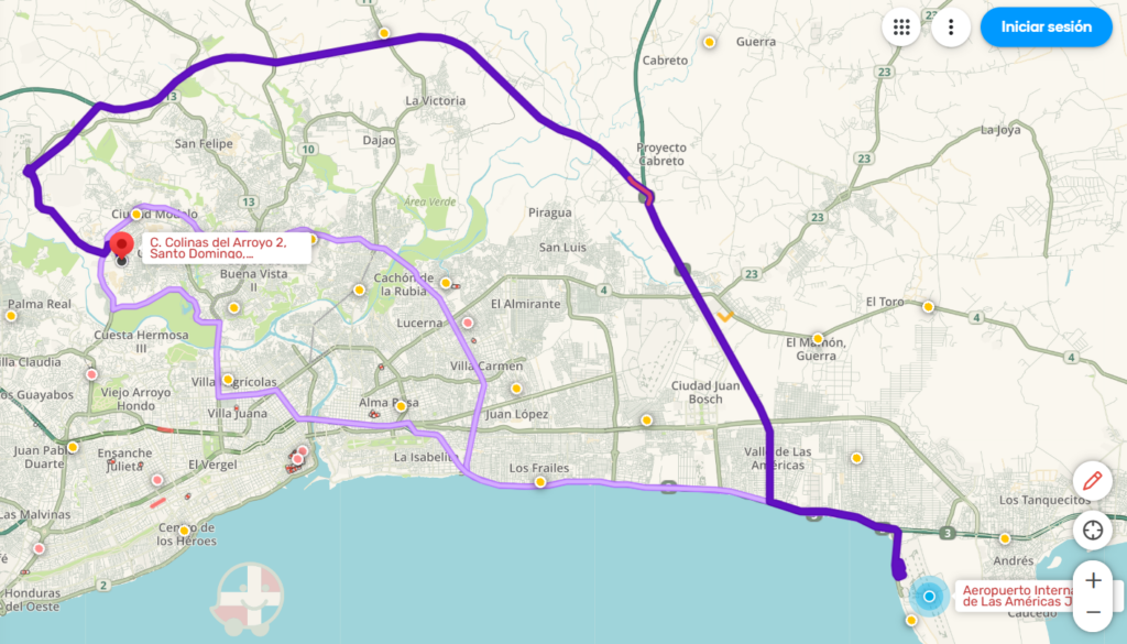 Ruta Aeropuerto Las Américas - Colinas Del Arroyo 2. La ruta más rápida para llegar.
