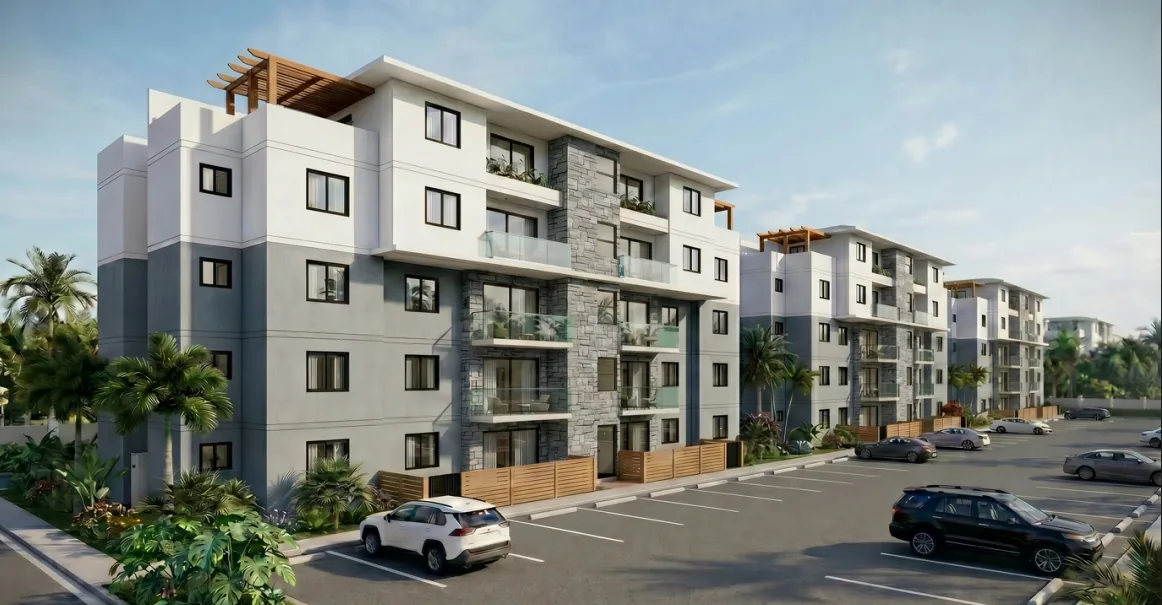 Fachada de los edificios de 3 habitaciones de Costa Caribe Punta Cana