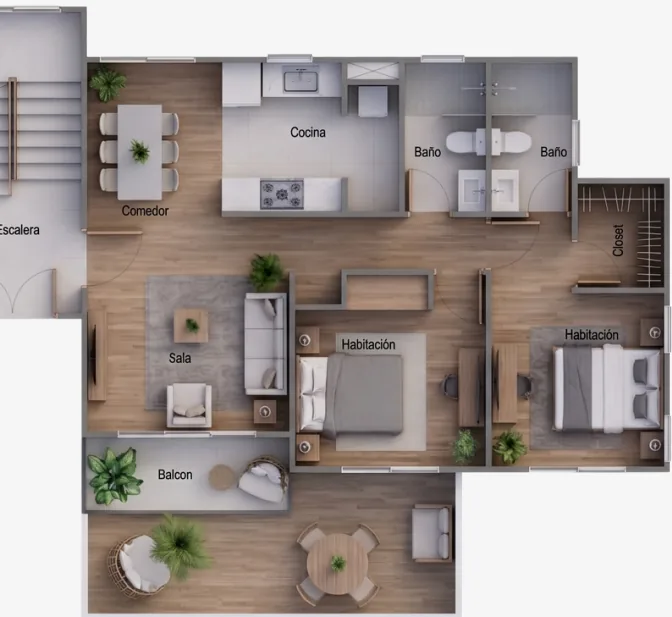 Plano apartamento de 2 habitaciones, primer piso