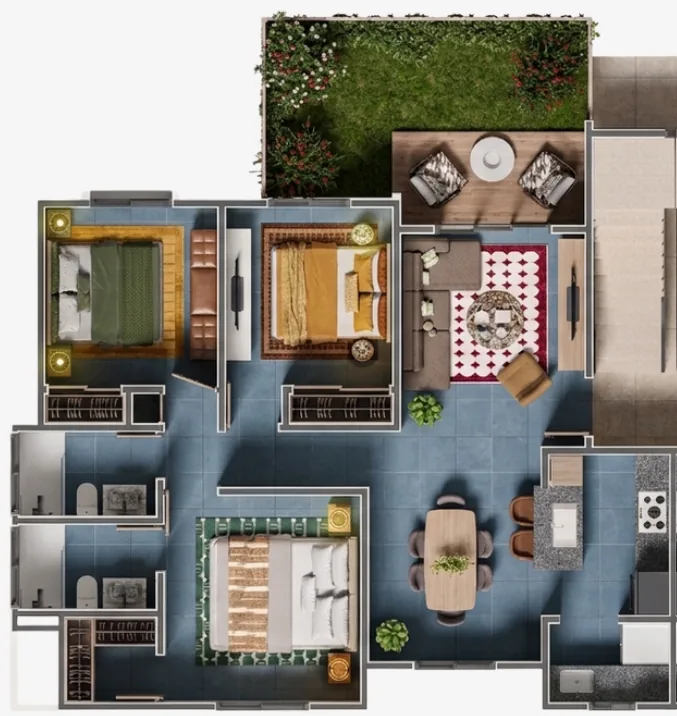Plano apartamento de 3 habitaciones, primer piso