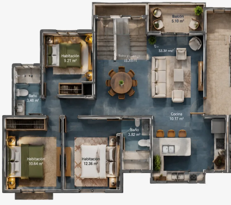 Plano penthouse de 3 habitaciones, primer nivel