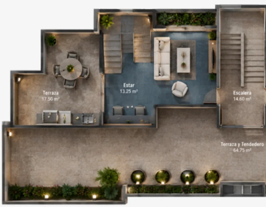 Plano penthouse, nivel de terrazas