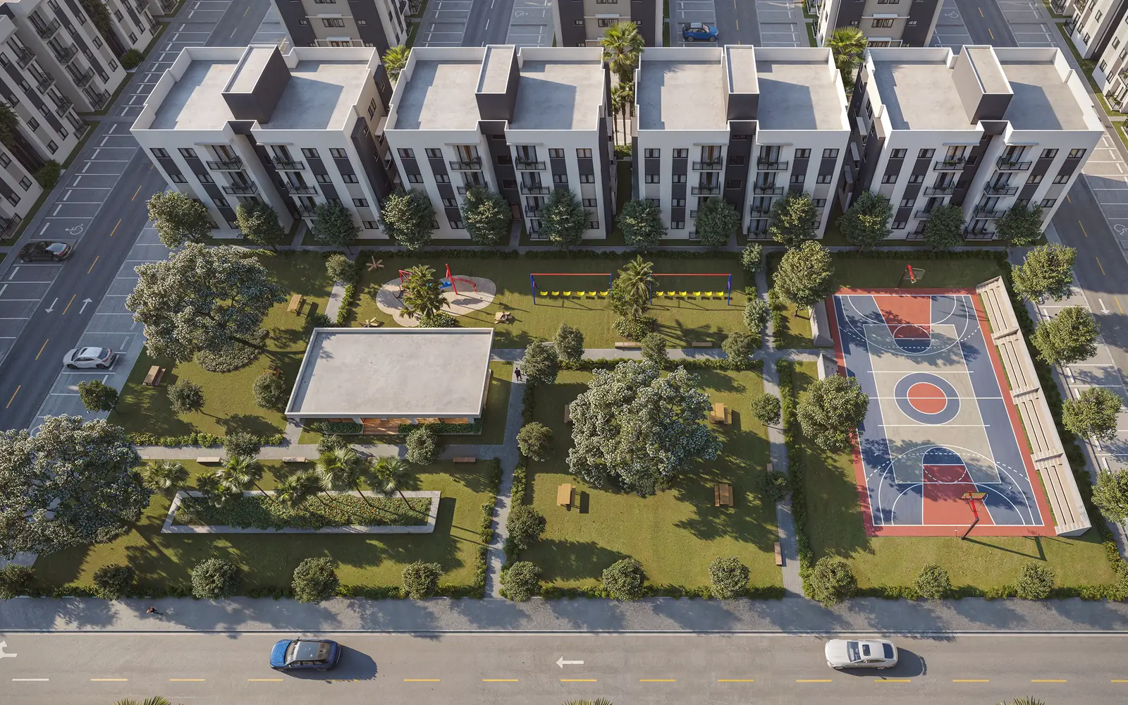 Área social con cancha de baloncesto, gazebo y jardines de Brisas de las Colinas 7