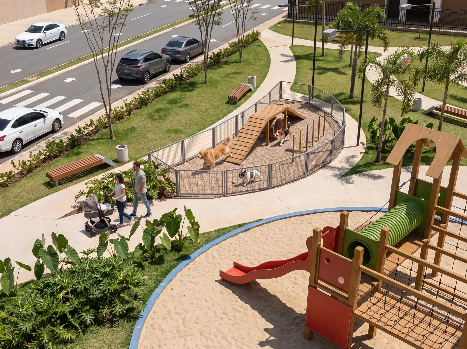 Áreas verdes, senderos y juegos infantiles de Brisas de las Colinas 8, render ilustrativo
