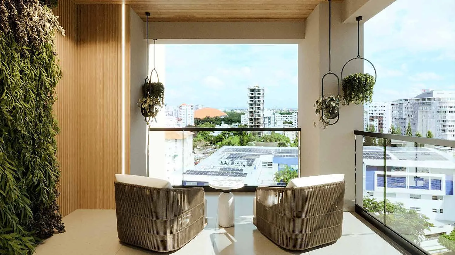 Balcón de un apartamento de Signature by Melcon, render con decoración de referencia
