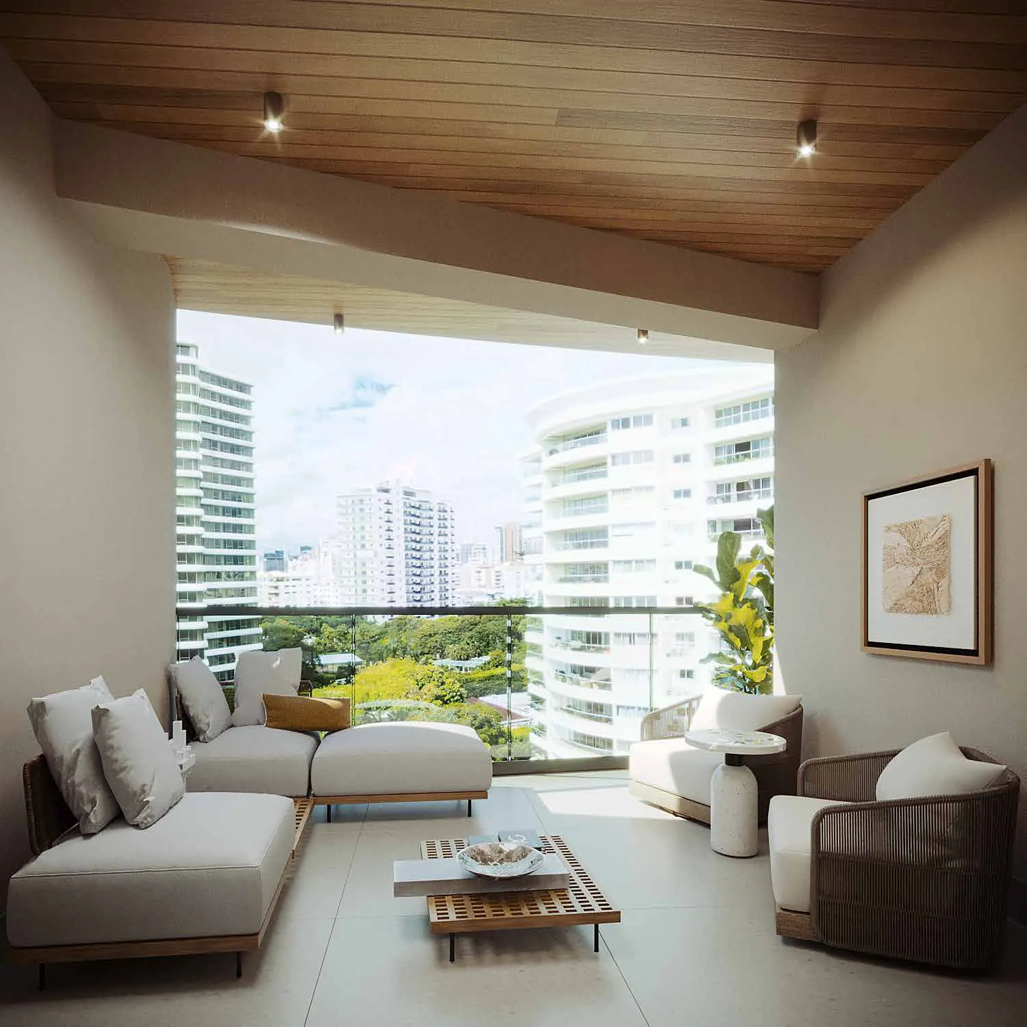 Balcón de un apartamento de Signature by Melcon, render con decoración de referencia