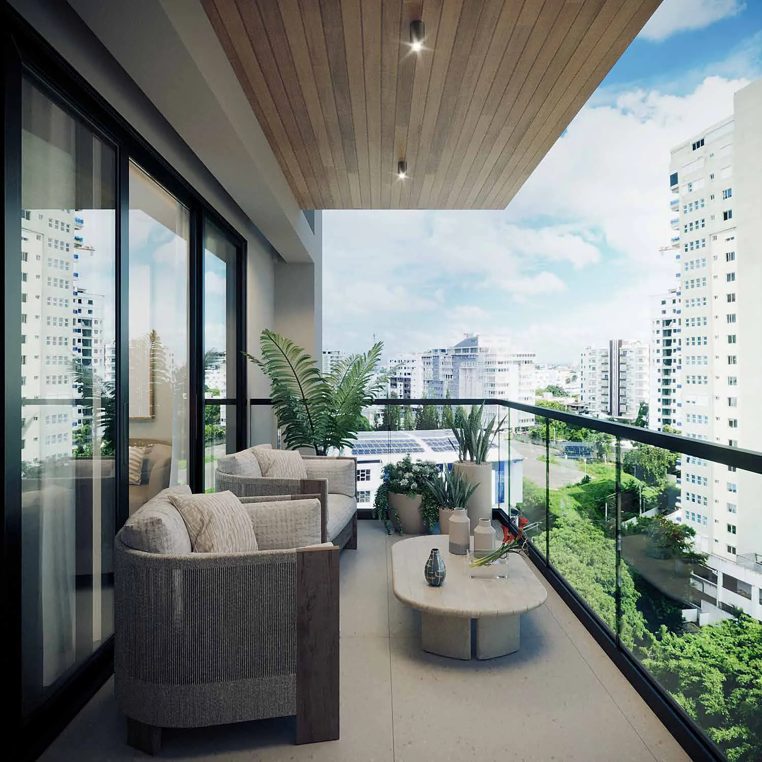 Balcón de un apartamento de Signature by Melcon, render con decoración de referencia