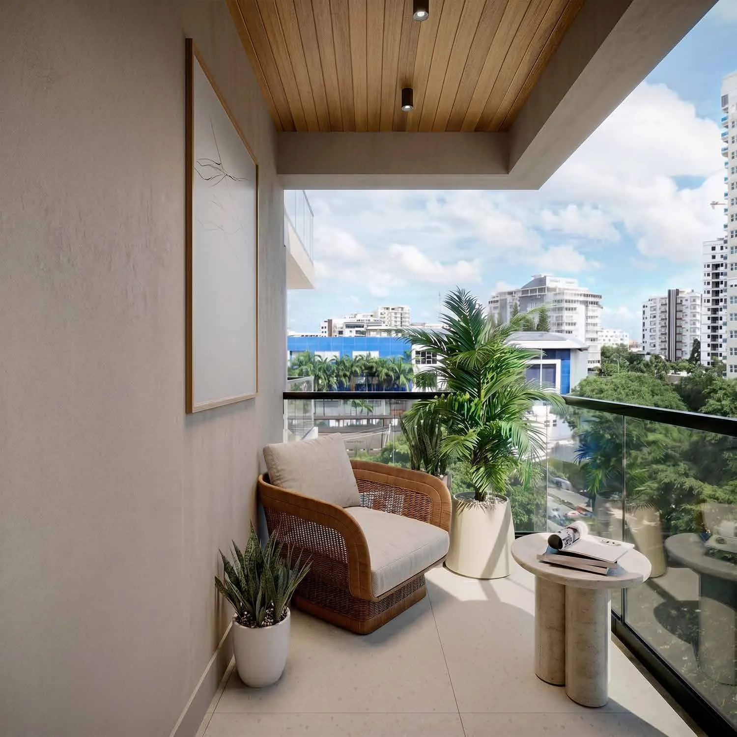 Balcón de un apartamento de Signature by Melcon, render con decoración de referencia