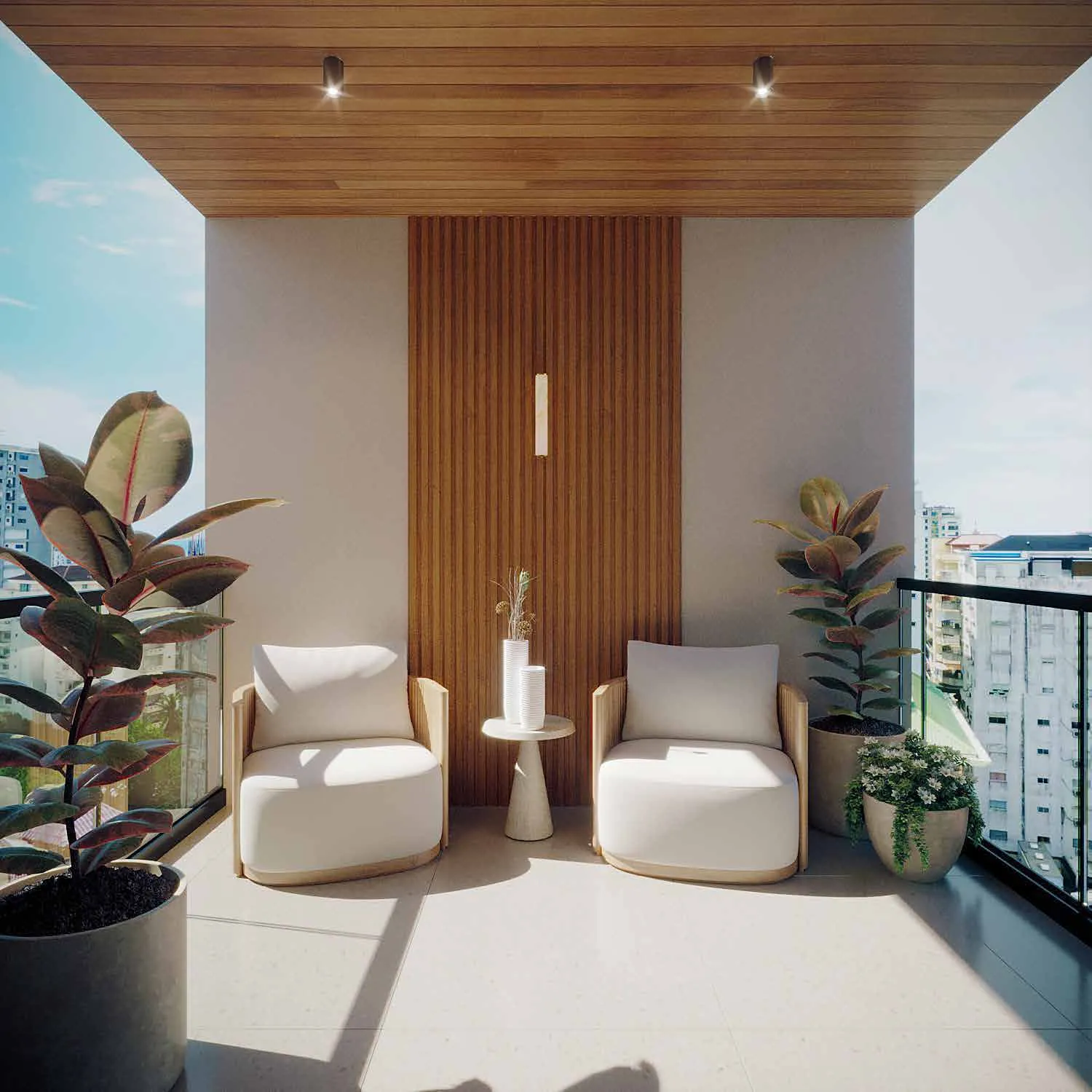 Balcón de un apartamento de Signature by Melcon, render con decoración de referencia