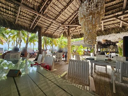 Terraza de Bocana Beach con techo de guano, una lámpara de conchas y mesas blancas frente a las palmeras