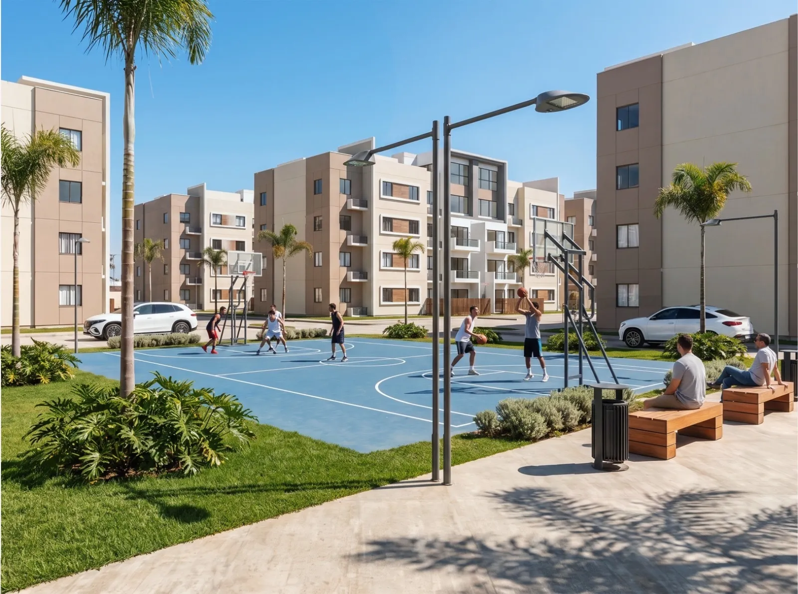 Cancha de baloncesto y área deportiva dentro de Brisas de las Colinas 8, render ilustrativo