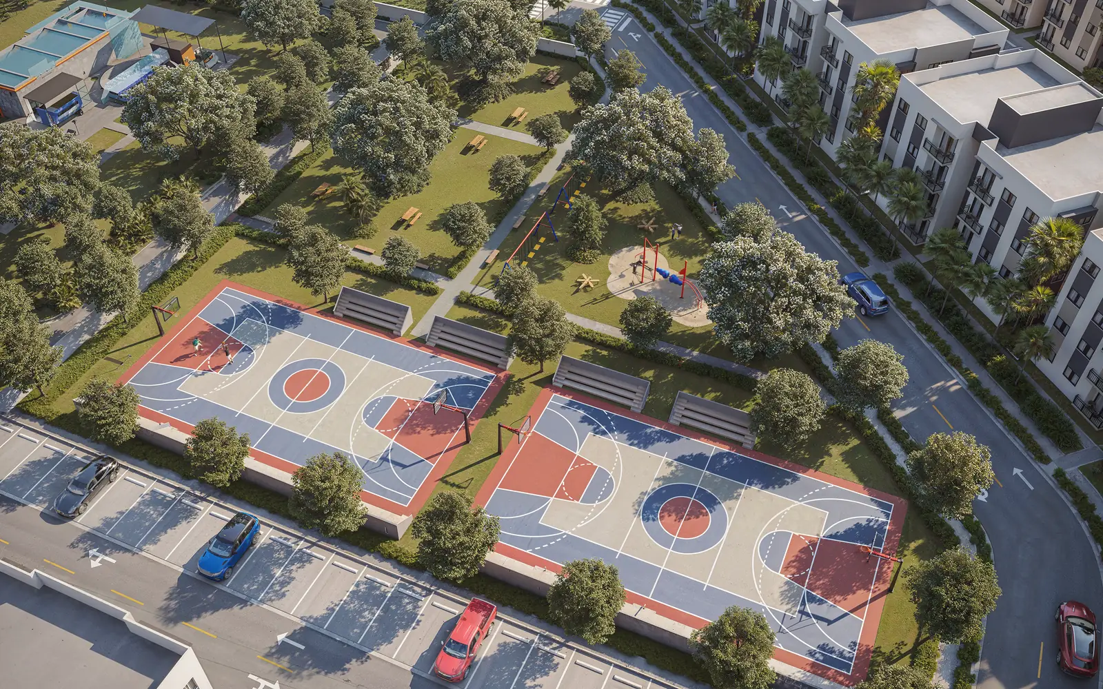 Vista aérea de las canchas de baloncesto de Brisas de las Colinas 7