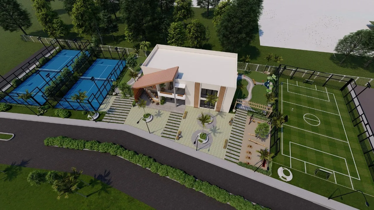 Casa club, canchas de pádel y cancha de fútbol de Terrazas de Boca Chica, render ilustrativo