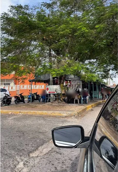 Casetas de comida bajo un árbol grande en una calle de Boca Chica, con motores parqueados al lado