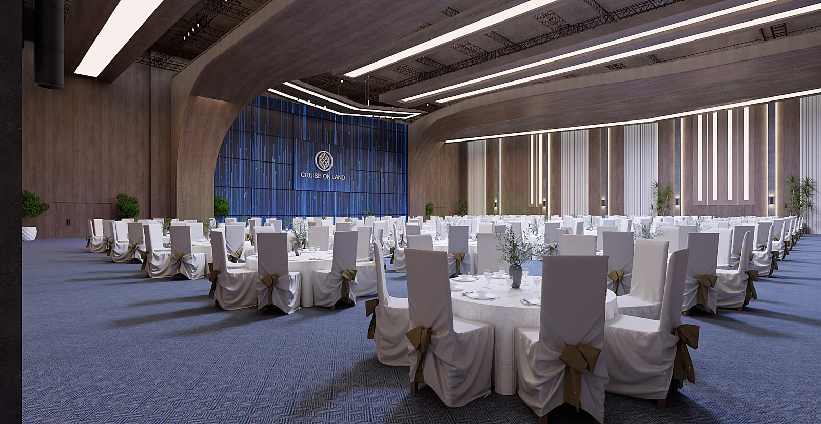 Salón del centro de convenciones montado para un banquete de Cruise On Land Punta Cana