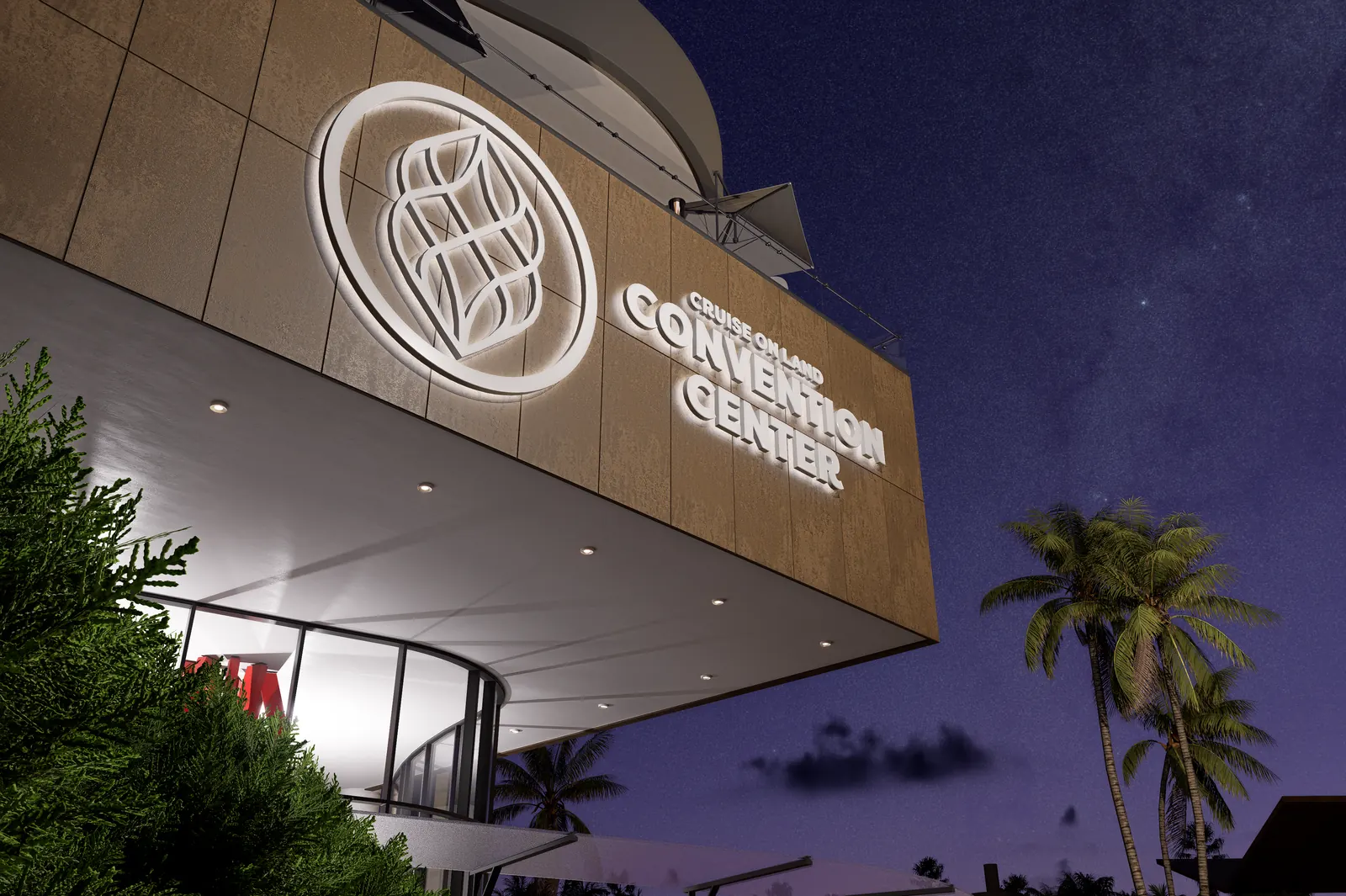 Centro de convenciones iluminado de noche de Cruise On Land Punta Cana