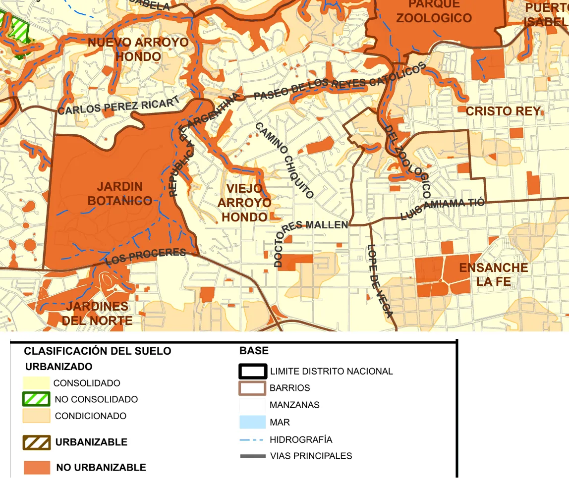 Mapa de clasificación del suelo del Ayuntamiento del Distrito Nacional en Viejo Arroyo Hondo, con las cañadas marcadas como suelo no urbanizable