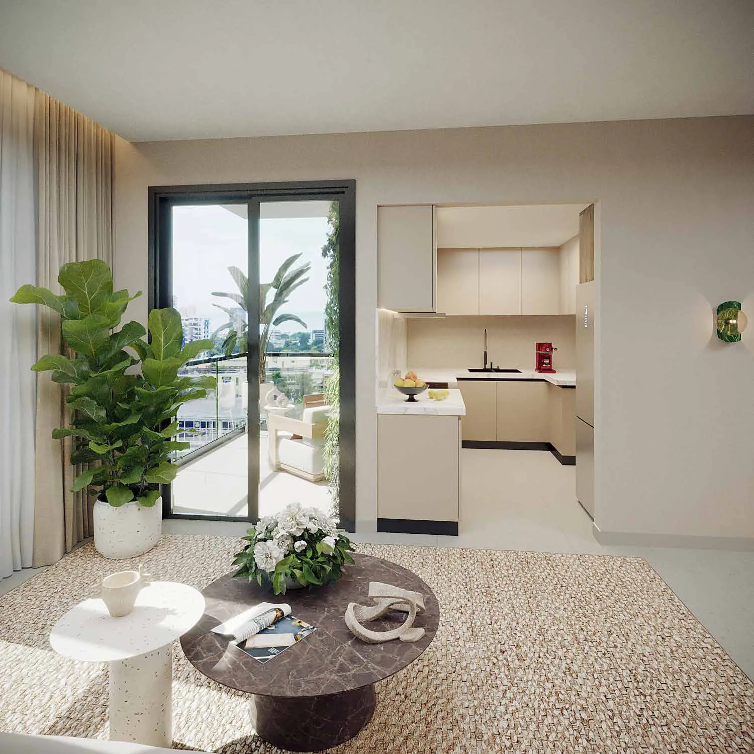 Cocina de un apartamento de Signature by Melcon, render con decoración de referencia