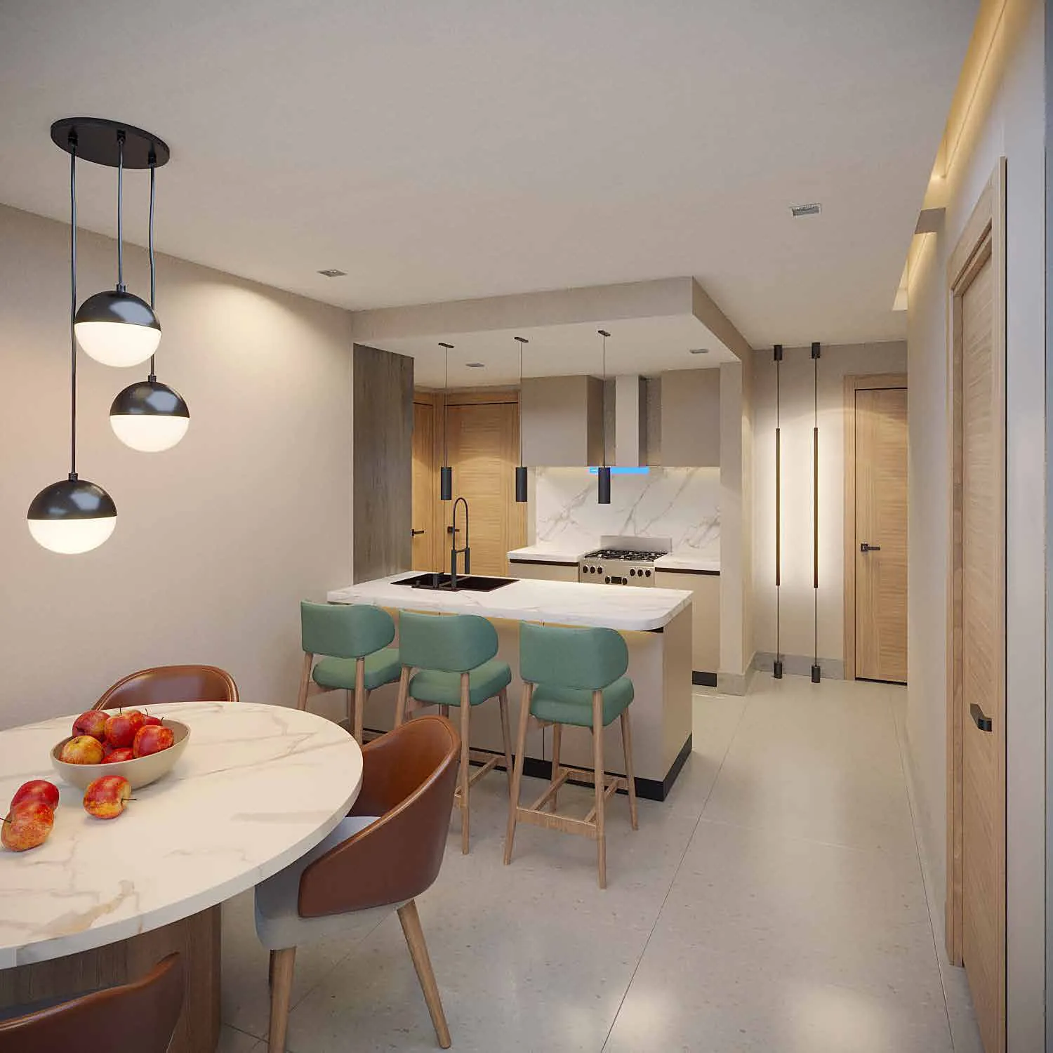 Cocina y comedor de un apartamento de Signature by Melcon, render con decoración de referencia