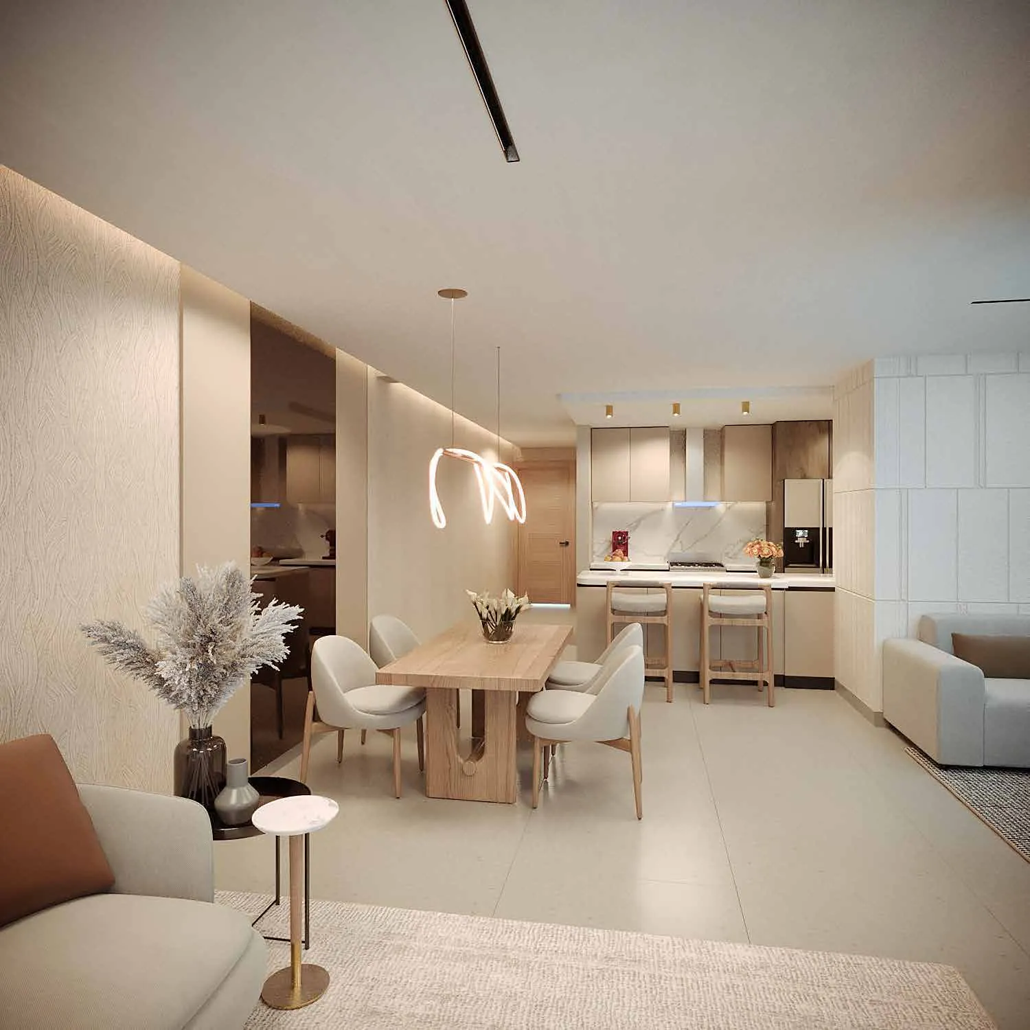 Cocina y comedor de un apartamento de Signature by Melcon, render con decoración de referencia