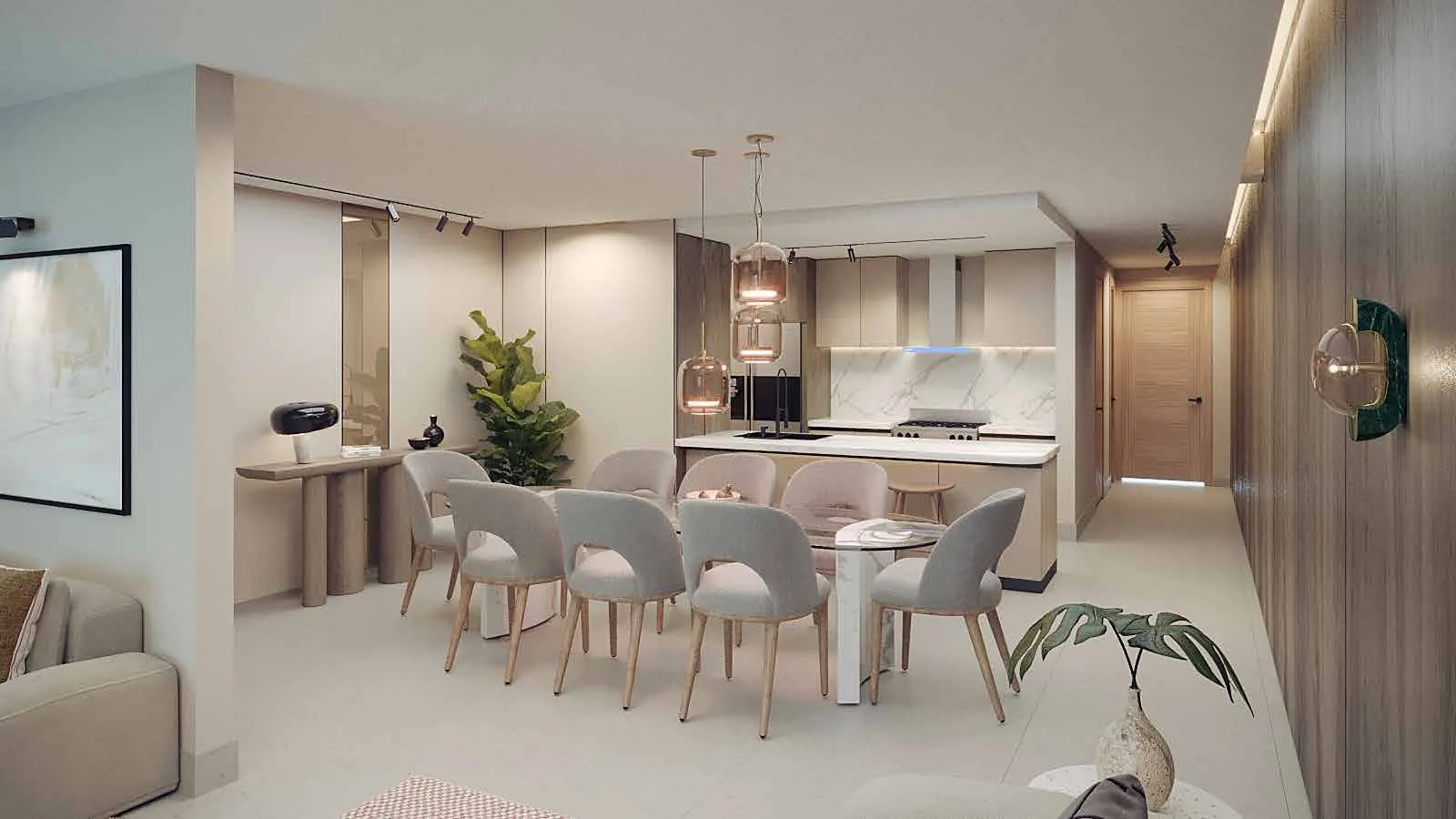 Cocina y comedor de un apartamento de Signature by Melcon, render con decoración de referencia