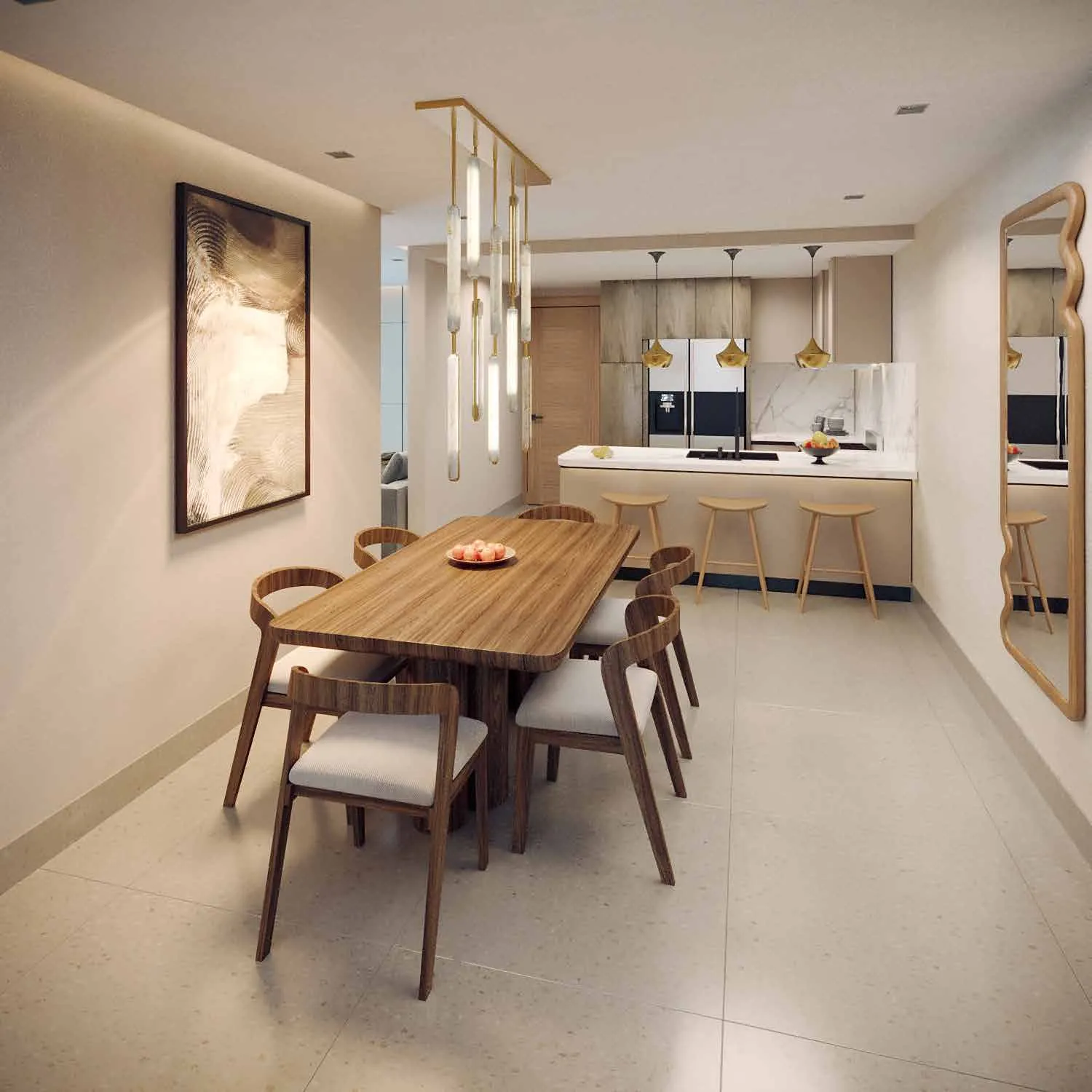 Cocina y comedor de un apartamento de Signature by Melcon, render con decoración de referencia