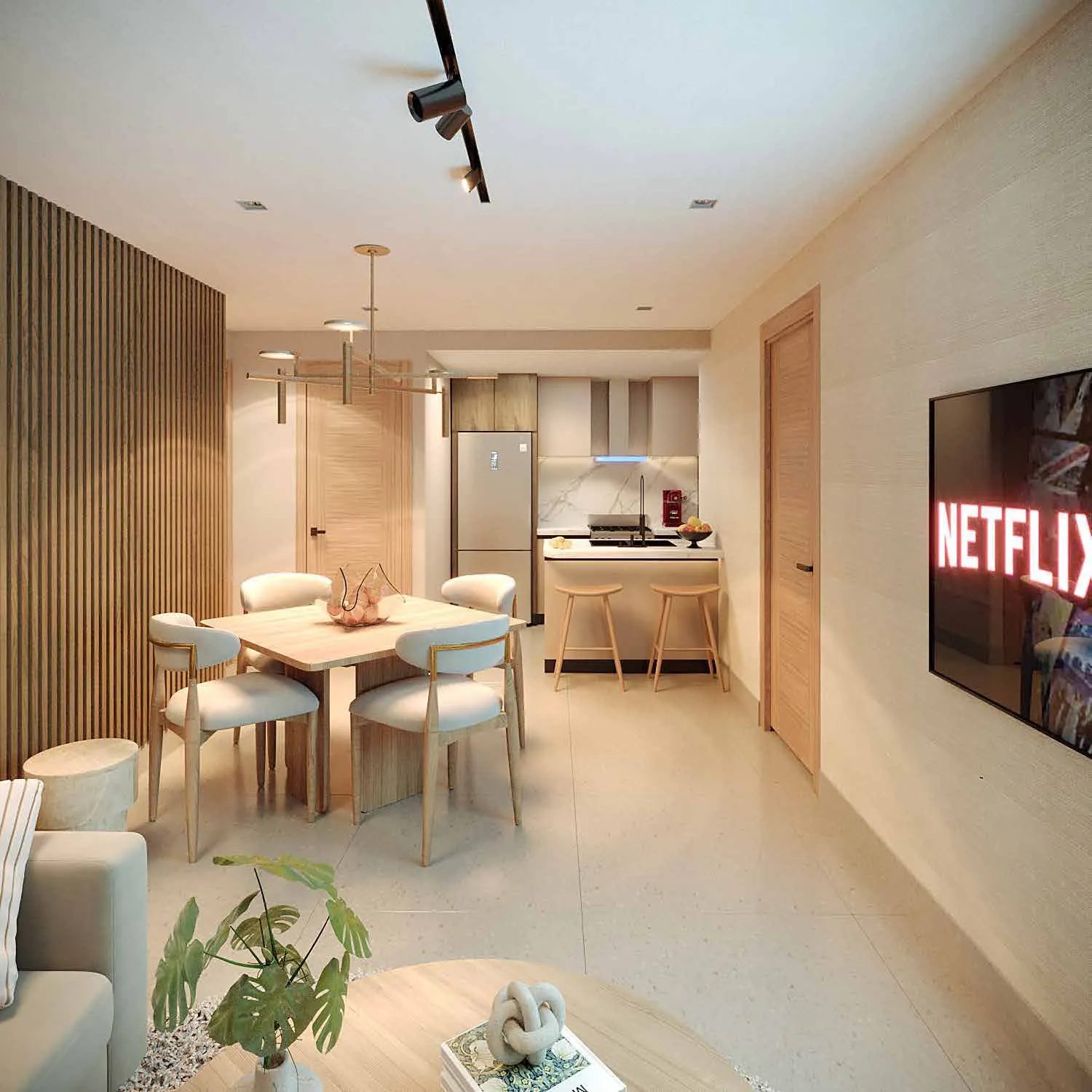 Cocina y comedor de un apartamento de Signature by Melcon, render con decoración de referencia