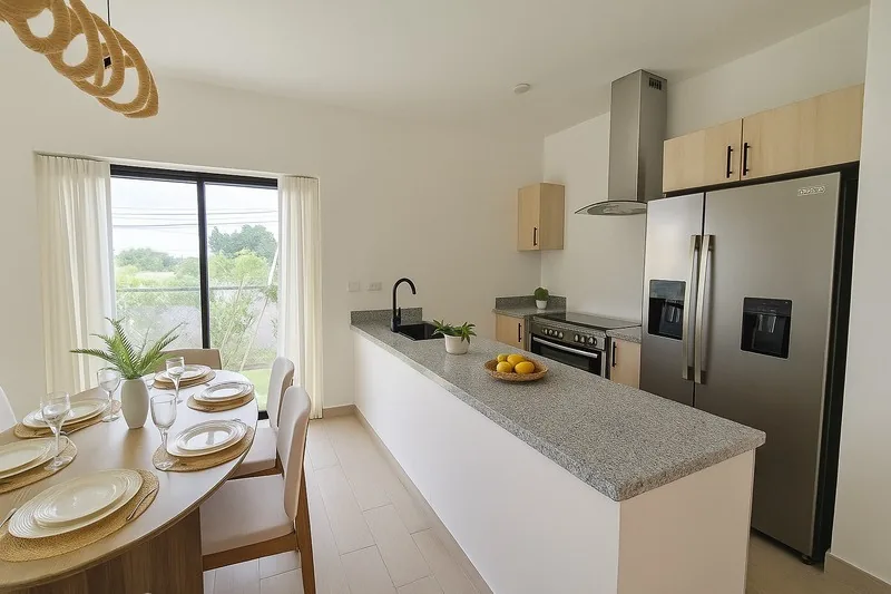 Allegra Park: villas duplex nuevas en el Residencial Bávaro-Punta Cana 20 Cocina modular con tope de granito de la villa de 3 habitaciones de Allegra Park Punta Cana