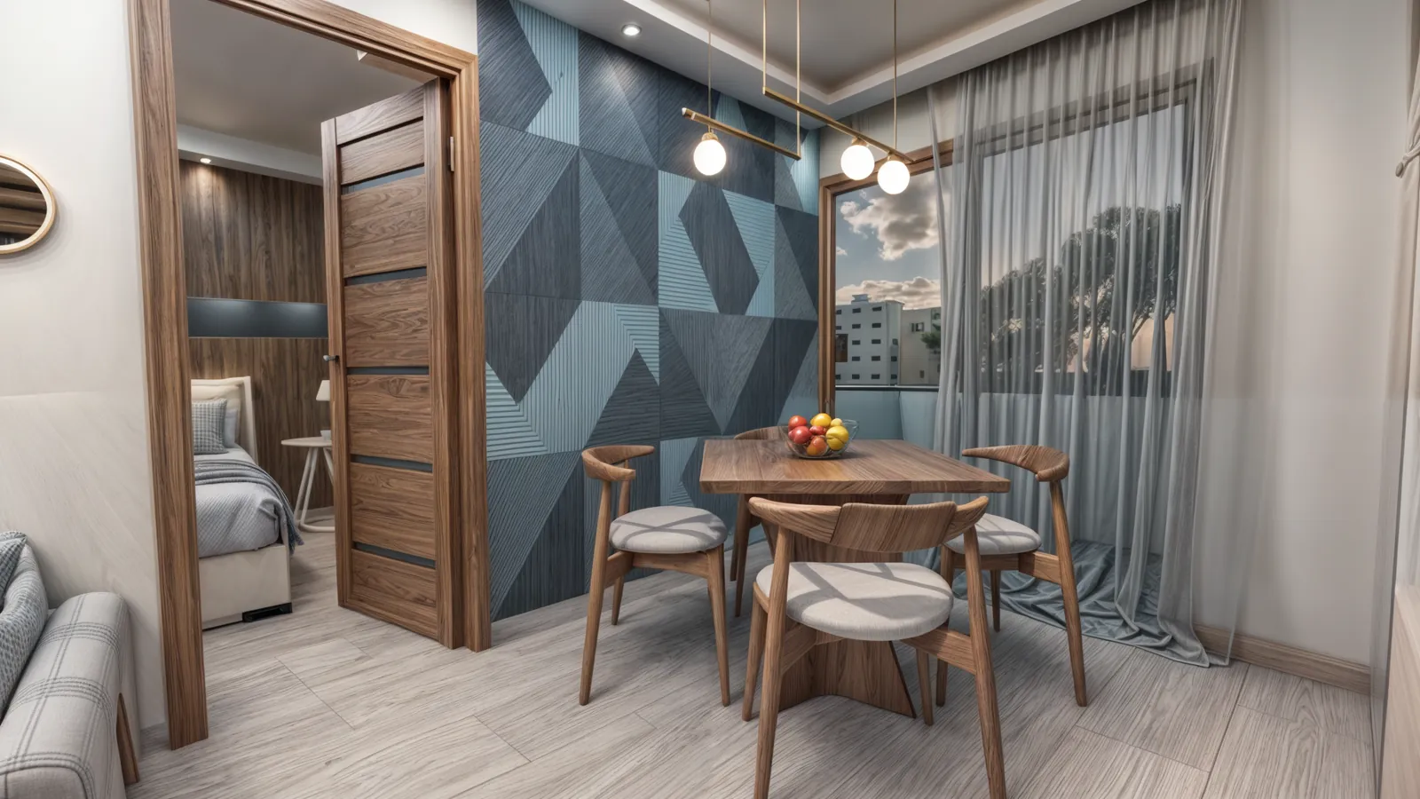 Comedor y entrada de un apartamento amueblado en Terrazas de Boca Chica, render ilustrativo