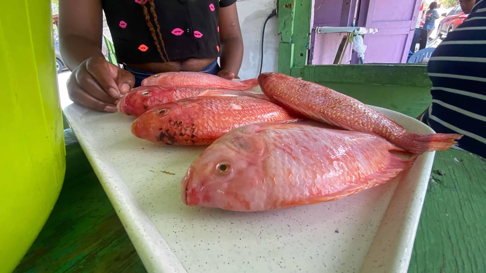Pescados frescos en una bandeja, listos para freír en un comedor de la playa de Andrés