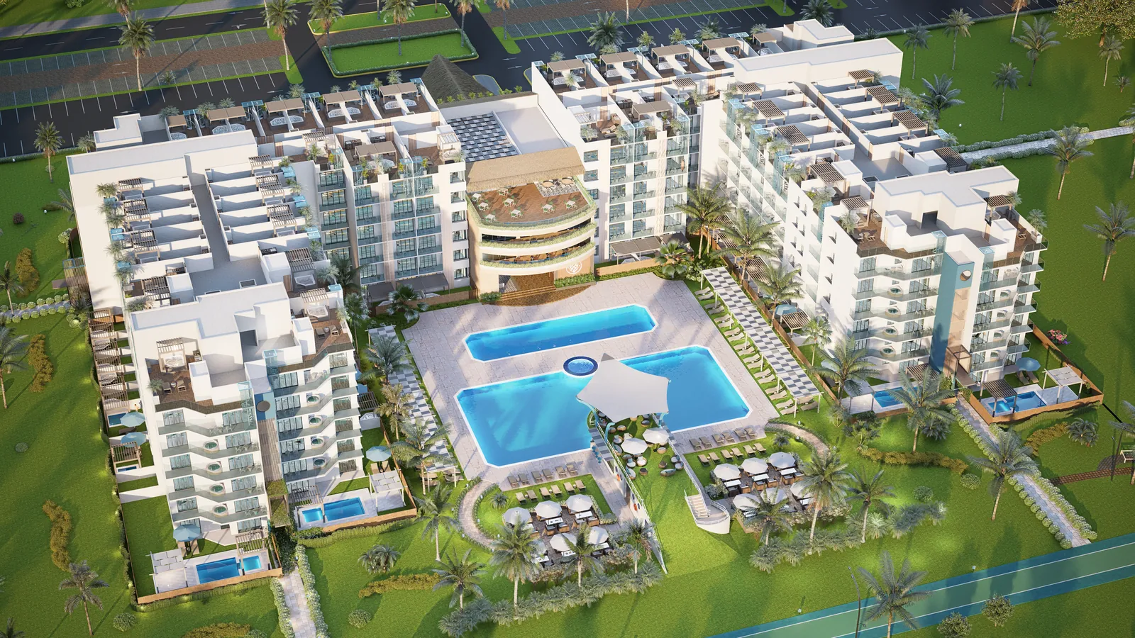 Condohotel de Cruise On Land Punta Cana con sus piscinas visto desde un lateral
