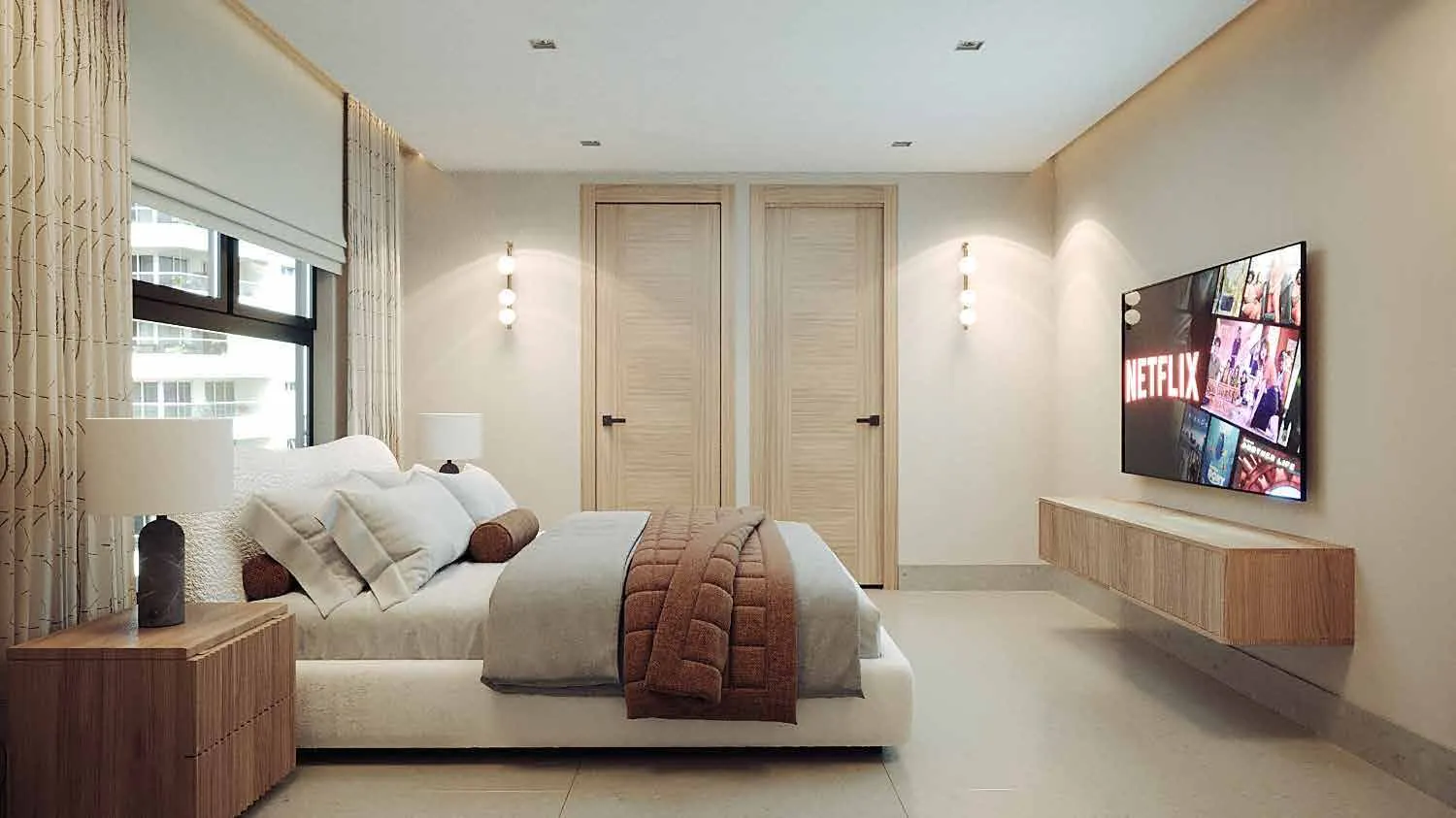 Dormitorio de un apartamento de Signature by Melcon, render con decoración de referencia