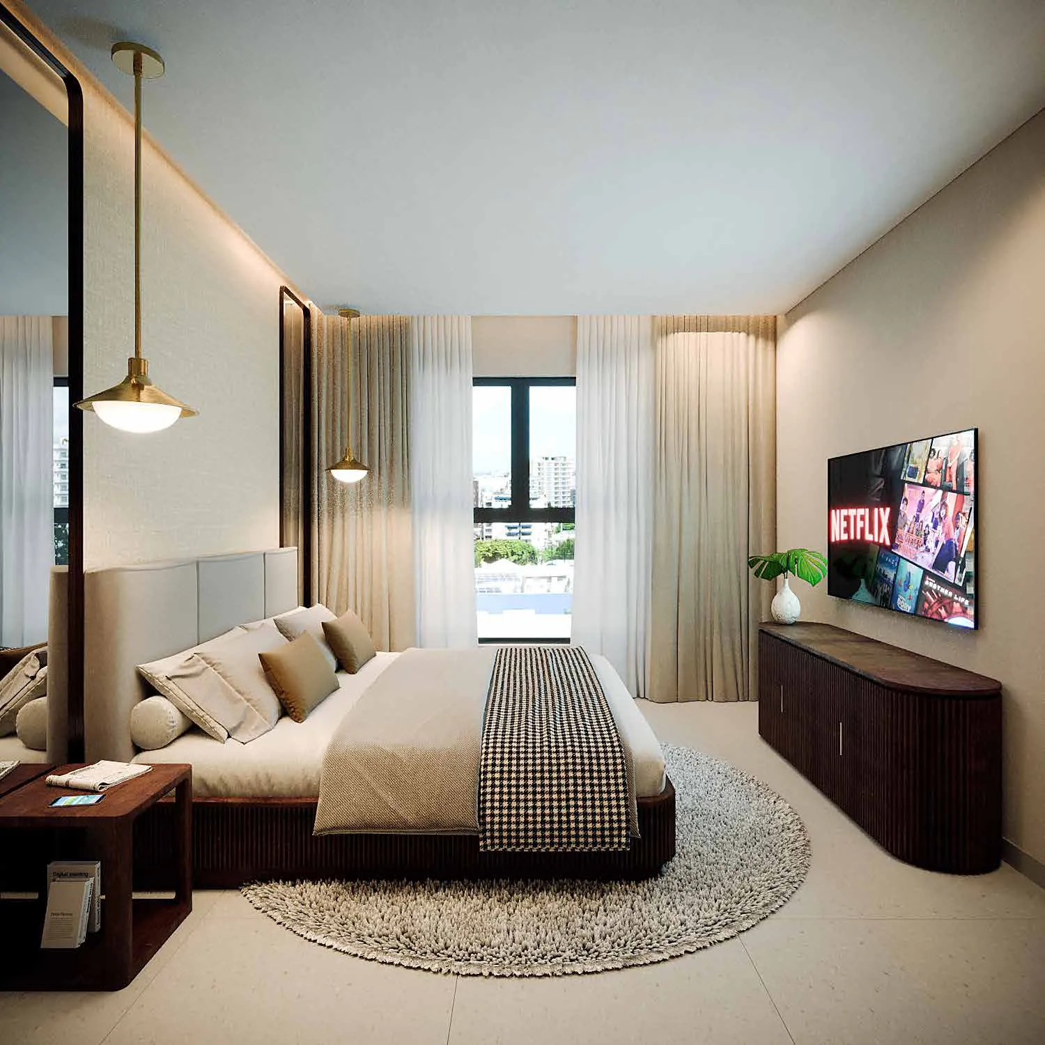 Dormitorio de un apartamento de Signature by Melcon, render con decoración de referencia